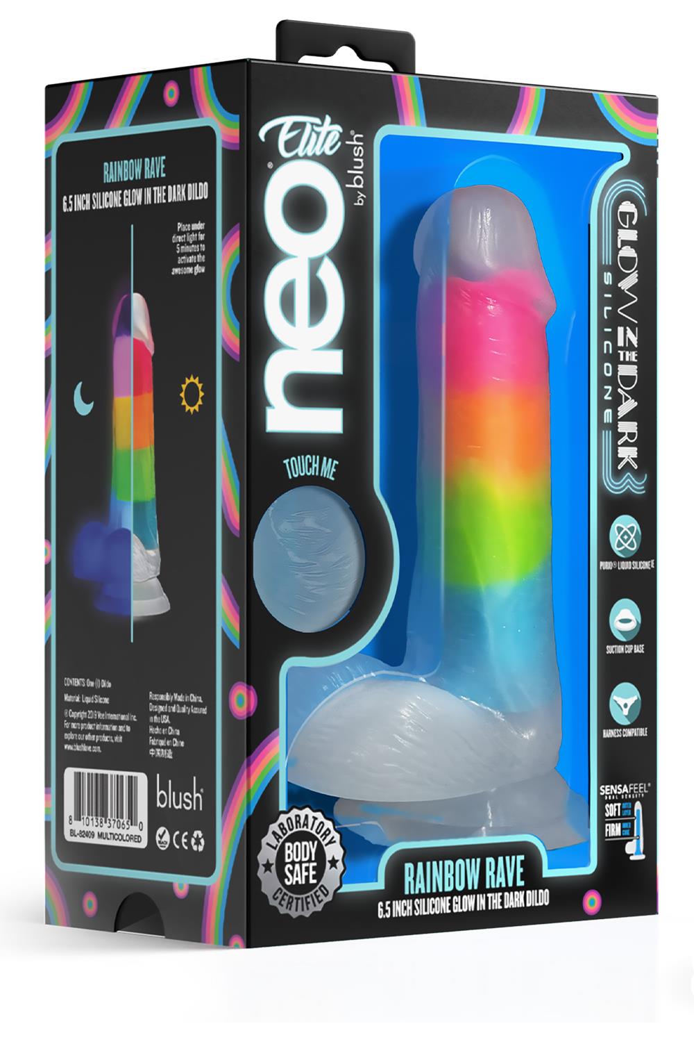 NEO ELITE GLOW IN THE DARK RAINBOW RAVE 6.5 INCH SILICONE DUAL DENSITY DILDO MULTICOLORED
