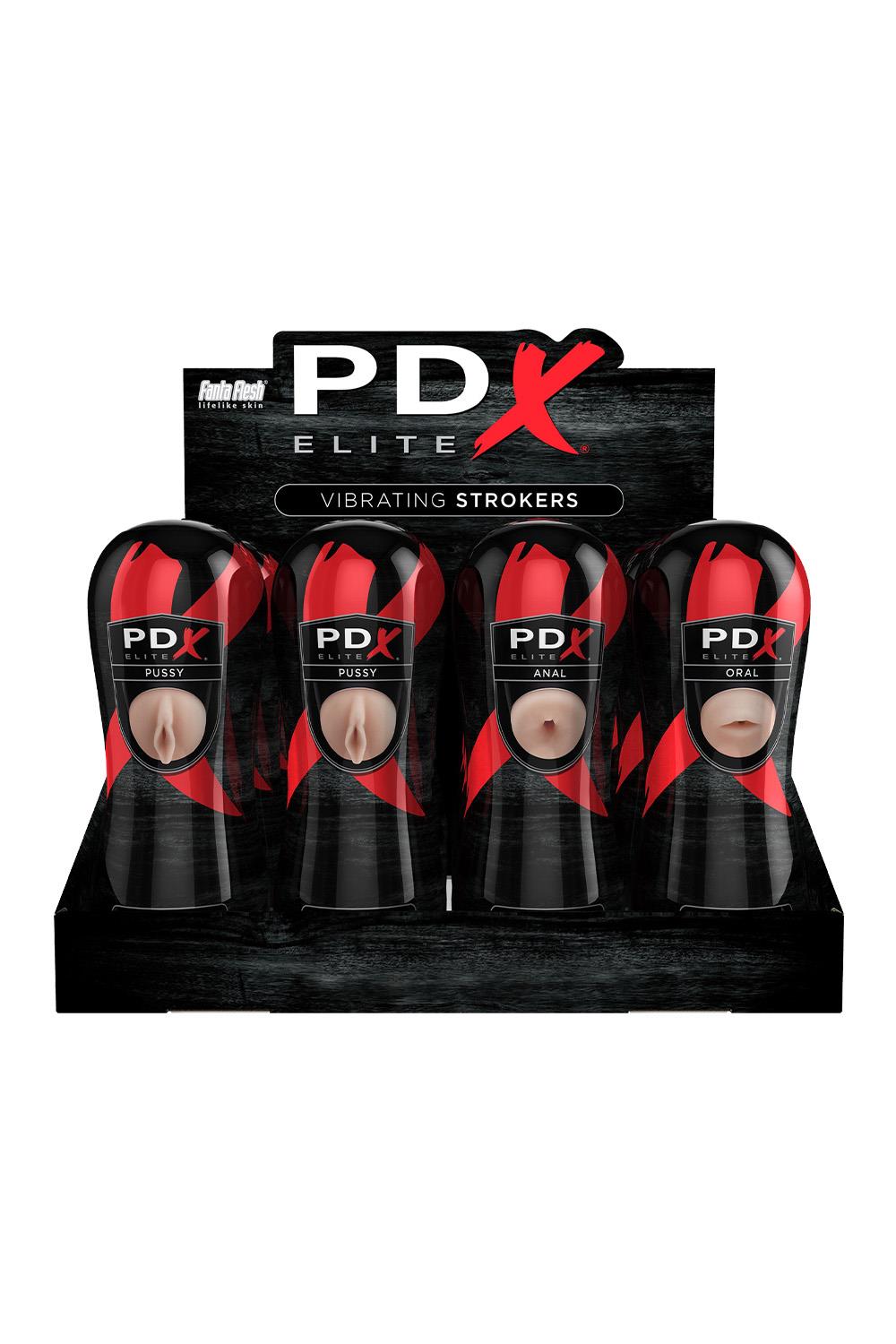 PDX ELITE PIPEDREAM EXTREME ELITE VIBRATING STROKER DISPLAY - 12 PCS LIGHT