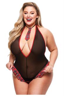 2Pc Crotchless Mesh Schoolgirl Teddy & Necktie Tartan, Queen
