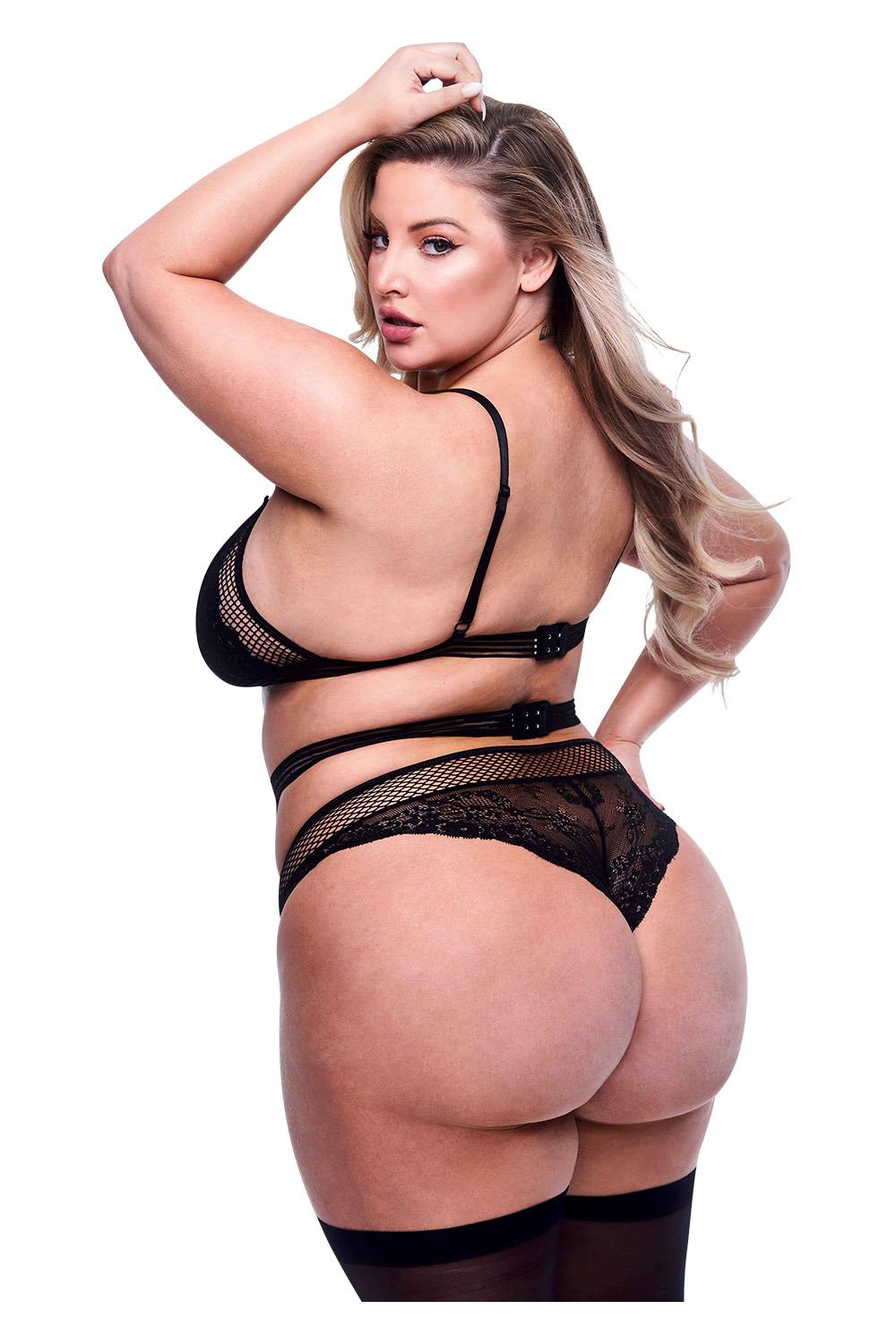 3Pc Lace & Mesh Bra, Garter & Panty Set Black, Queen